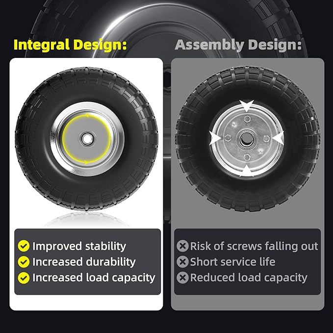【UPGRADED】4.10/3.50-4 Tire and Wheel Flat Free, 10 Inch Solid Rubber Tire with 5/8”Axle Bore Hole and Double Sealed Bearings, for Dolly Wheels/Hand Truck Wheels/Dump Cart，4 Pack