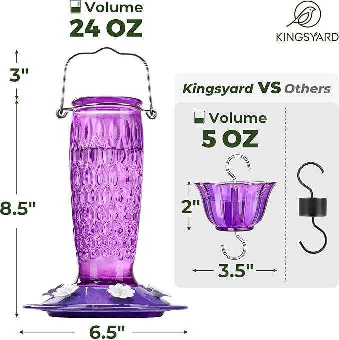 Kingsyard Hummingbird Feeders for Outdoors Hanging, 24 Ounce, Glass Hummingbird Feeder with Ant Moat & 6 Bee Guard Feeding Ports, Leak-Proof, Purple