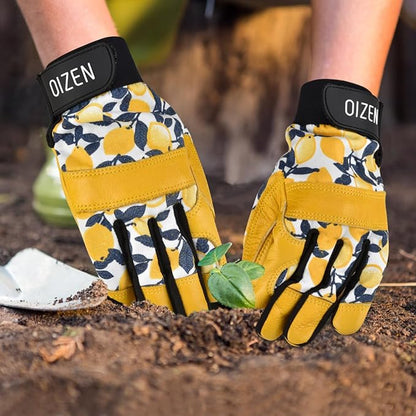Cowhide Leather Thorn Proof & Puncture Resistant Gardening Gloves for Women and Men, Touchscreen Compatible Working Gloves for Weeding, Digging, Planting, Gardening Gifts for Women, Size Medium