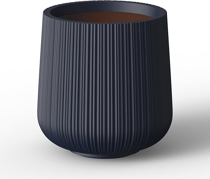 Kante 13.0" Dia Round Fluted Concrete Planter, Large Plant Pot with Drainage, Smooth Charcoal Finish with Warm Brown Interior, for Indoor and Outdoor Use