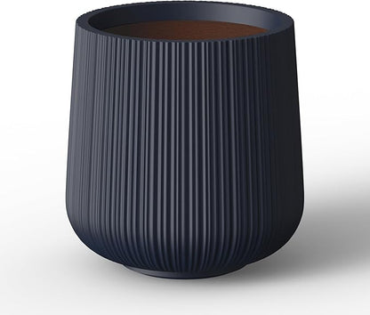 Kante 13.0" Dia Round Fluted Concrete Planter, Large Plant Pot with Drainage, Smooth Charcoal Finish with Warm Brown Interior, for Indoor and Outdoor Use