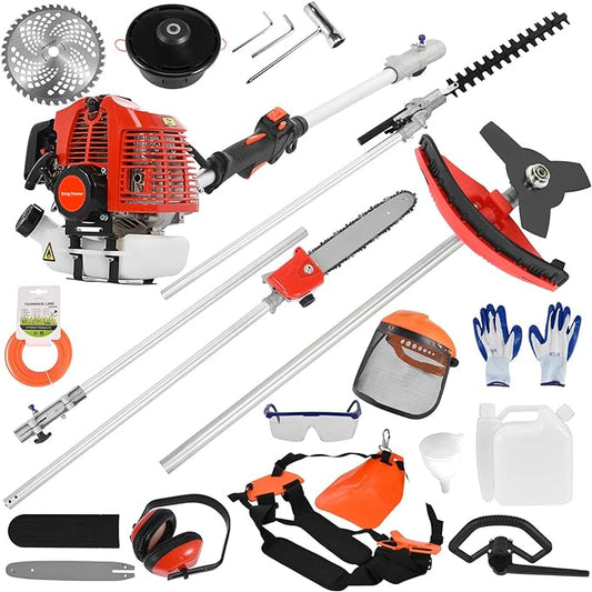 52cc Gas Powered 5-in-1 Multi-Functional Garden Tool, Powerful 2-Stroke Brush Cutter Hedge Trimmer Chainsaw Grass Strimmer, Long Reach Extension Pole, Full Guard Accessories Set (5-in-1)