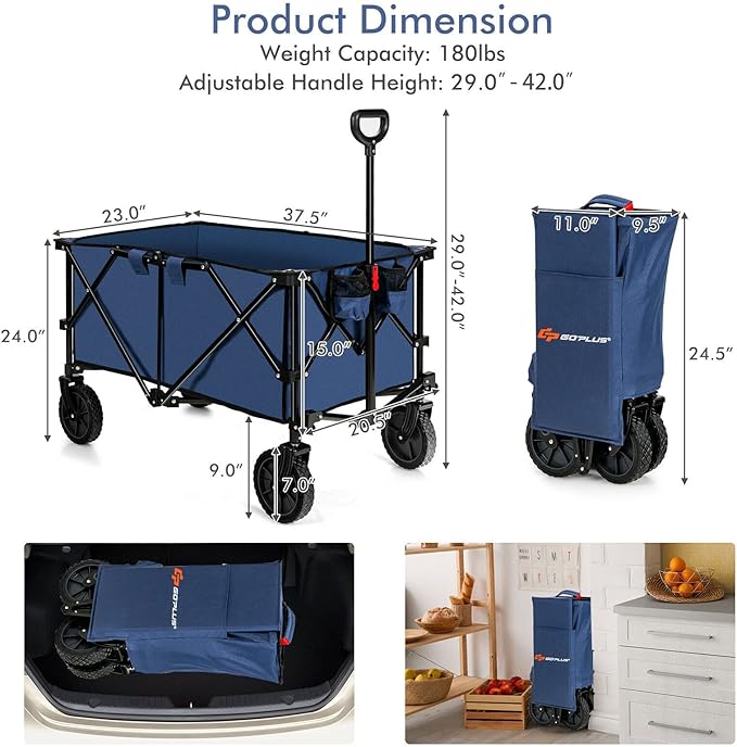 Goplus Collapsible Wagon, Folding Utility Wagon Cart w/Universal Wheels & Adjustable Handle & Cover Bag, Grocery Wagon for Garden Shopping Camping (Navy)