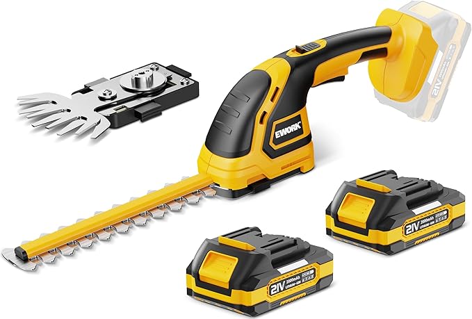 EWORK 21V Cordless Hedge Trimmer & Grass Shears 2-in-1 Handheld Small Electric Bush Trimmer with 2x2.0Ah Battery and Charger, Battery Powered Shrub Trimmer for Garden, Yard, Lawn Maintenance
