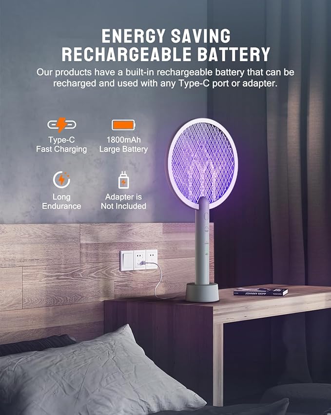 Electric Fly Swatter Racket, Mosiller 2 in 1 Smart Bug Zapper & Power Take Off Generators with USB Rechargeable Base, Powerful Mosquitoes Trap Lamp & Fly Killer for Home, Bedroom(Light Grey（2 Pack）)