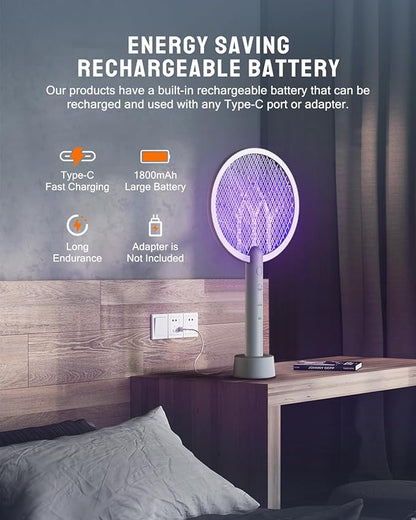 Electric Fly Swatter Racket, Mosiller 2 in 1 Smart Bug Zapper & Power Take Off Generators with USB Rechargeable Base, Powerful Mosquitoes Trap Lamp & Fly Killer for Home, Bedroom(Light Grey（2 Pack）)