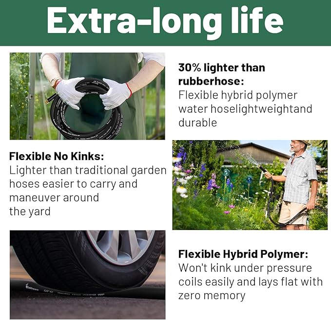 150 ft Garden Hose, 5/8 in Heavy Duty Water Hose, Flexible and Durable, Lightweight Rubber Hybrid Hose, Leak-Free Connections, Male to Female Fittings, BT150B, Black
