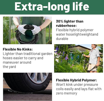 150 ft Garden Hose, 5/8 in Heavy Duty Water Hose, Flexible and Durable, Lightweight Rubber Hybrid Hose, Leak-Free Connections, Male to Female Fittings, BT150B, Black