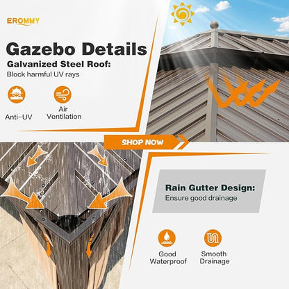 EROMMY 14'x20' Hardtop Gazebo Double Roof Galvanized Steel Canopy Outdoor Aluminum Frame Permanent Metal Pavilion with Netting and Curtains for Patio Backyard Deck and Lawns