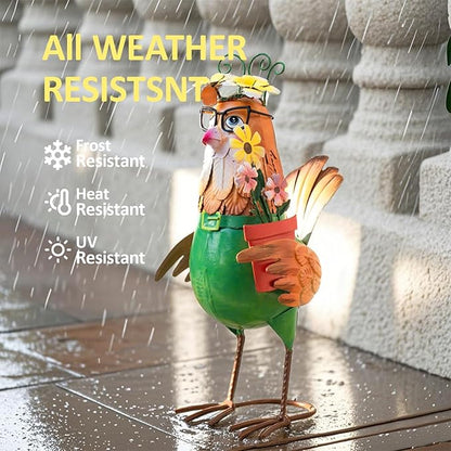 Natelf Metal Chicken Statue for Outdoor Home Decor Cute Rooster Hen Garden Sculpture with Vintage Glasses, Weather-Resistant Farmhouse Art for Yard, Patio, Coop, or Housewarming Gift for Mom, Friends