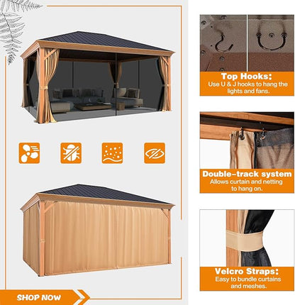 MELLCOM 12'x16' Gazebo, Wood Looking Gazebo with Aluminum Frame and Single Galvanized Steel Roof, Outdoor Permanent Metal Pavilion with Curtains and Nettings for Deck, Backyard and Patio