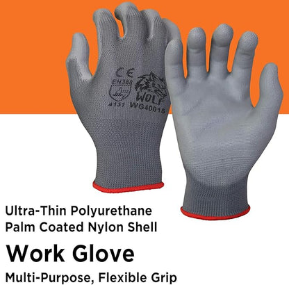 WOLF Polyurethane Palm Coated Nylon Shell Work Gloves, Construction, Mechanic, Warehouse, Yard Work, Gardening