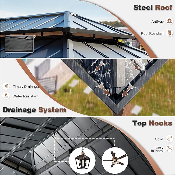 YOLENY 12'x16' Hardtop Gazebo Ultra-Thick Columns and Beams, Gazebo with Wood Grain Aluminum Frame, Galvanized Steel Roof, Permanent Metal Pavilion with Netting and Curtains for Backyard and Patio