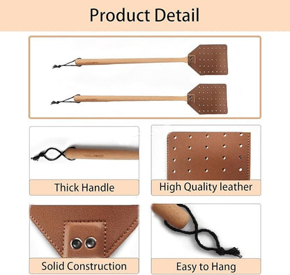 Fly Swatter Set - 2 Pack Wooden Leather Fly Swatter with Hanging Rope, Heavy Duty Fly Swatter for Indoors and Outdoors (2 Brown)