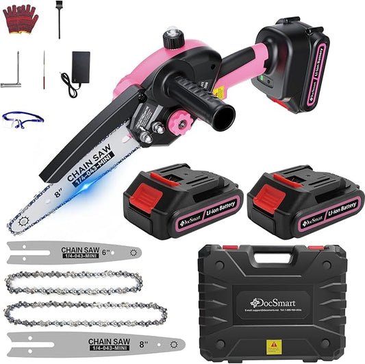 Mini Chainsaw Cordless, 8 inch & 6 inch Electric Chain Saw with 2 Pack Rechargeable Batteries, Battery Powered Handheld Saw Men Gifts for Trees Branches Trimming Wood Cutting, Pink