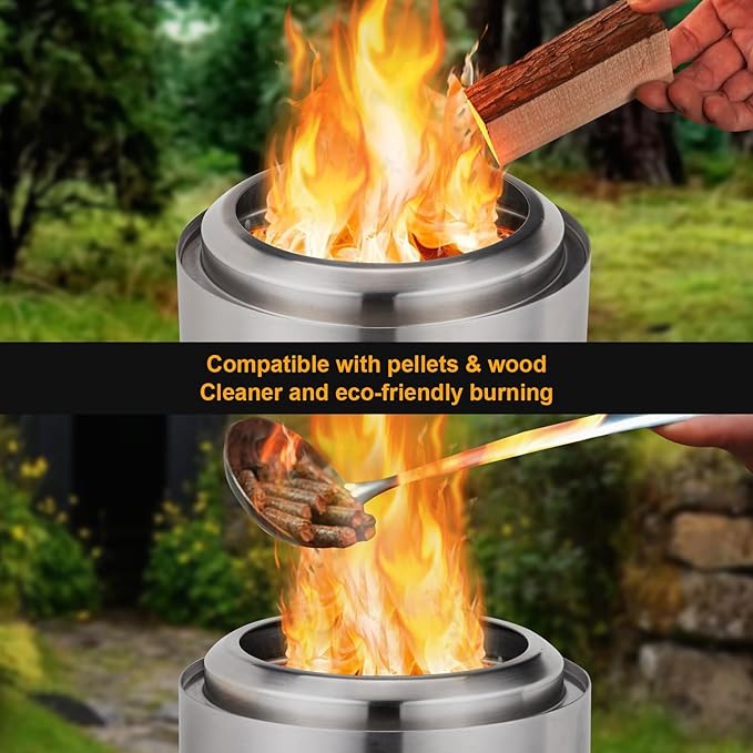 9.7 x 7.1 Inch Tabletop Fire Pit by AmazStove, Low Smoke Camping Stove for Outdoor Safe Burning Firepits, Fueled Pellets or Wood, Travel Bag Included (Silver, 9.7 x 7.1 INCH)