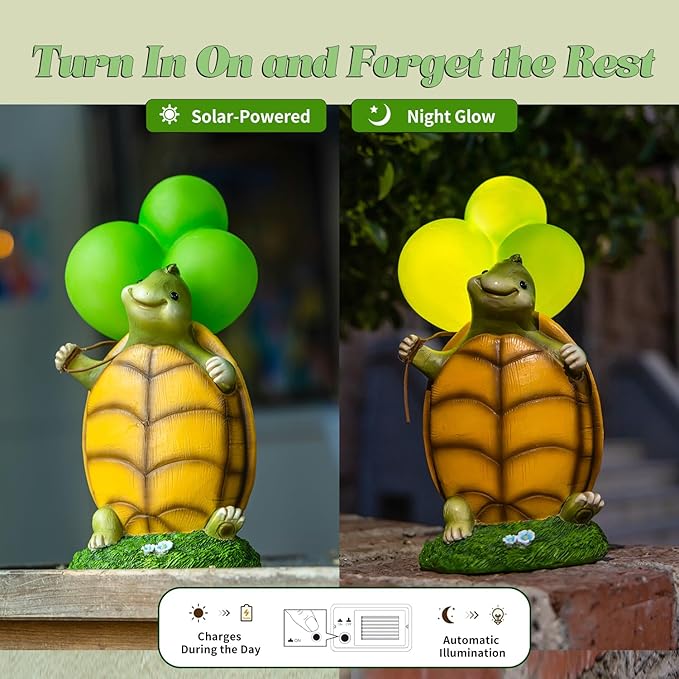 WHIMSYNOOK 10.2" Resin Turtle with Balloon Solar LED Garden Statue Light, Ideal for Porch, Lawn, Yard, Housewarming, or Birthday Gifts for Mom, Family, and Turtie Lovers