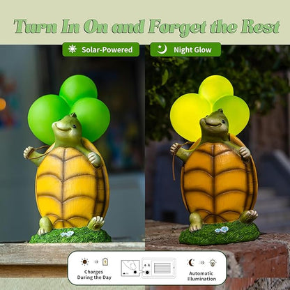 WHIMSYNOOK 10.2" Resin Turtle with Balloon Solar LED Garden Statue Light, Ideal for Porch, Lawn, Yard, Housewarming, or Birthday Gifts for Mom, Family, and Turtie Lovers