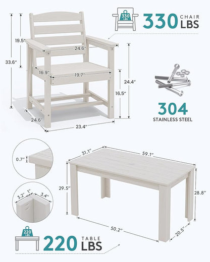 SERWALL Patio Dining Set for 4, Outdoor Dining Sets for 4 Person with 1 Umbrella Hole Cut-Out Rectangular Table and 4 Chairs, HDPE Dining Sets for Garden, Backyard, Poolside, White