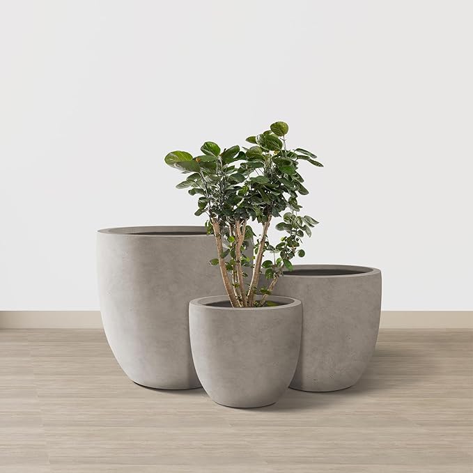 Kante 20",16.5",13.4" Dia Round Concrete Planters (Set of 3), Outdoor Indoor Modern Decorative Plant Pots with Drainage Hole & Rubber Plug for Home & Garden, Weathered Concrete