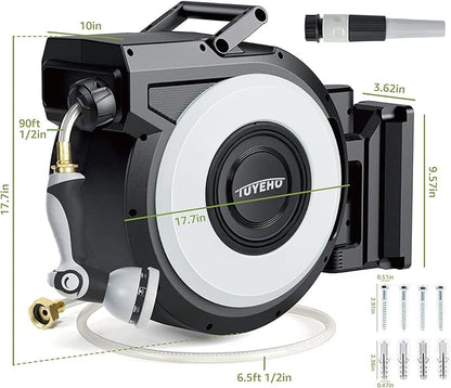 Tuyeho Retractable Garden Hose Reel 90 FT, Wall Mount Heavy Duty Water Hose Reels with Automatic Slow Rewind System, Outdoor Hoses Reel with 2 Hose Nozzles for Garden Watering, Car Wash, Pet Shower