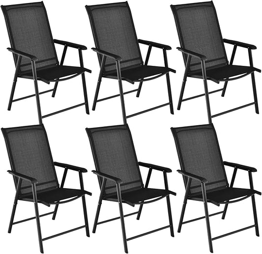 S AFSTAR Folding Patio Chairs Set of 6, Metal Textilene Patio Dining Chairs with Armrests, 6 Pack Portable Sling Chairs Outdoor Lawn Chair for Garden Backyard Porch Deck, 330LBS Load (Black)