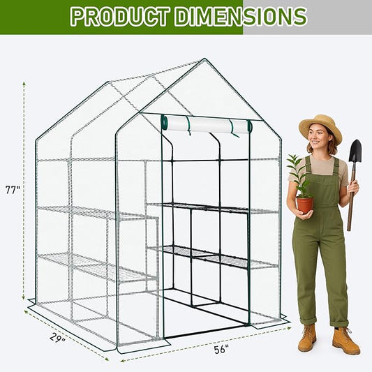 Outvita Walk-in Greenhouse, Outdoor Durable PE Plant Green House for Frost Protection with 3 Tiers 8 Shelves, Shelf Clips, Roll-up Zipper Door, 56"x56"x77" White