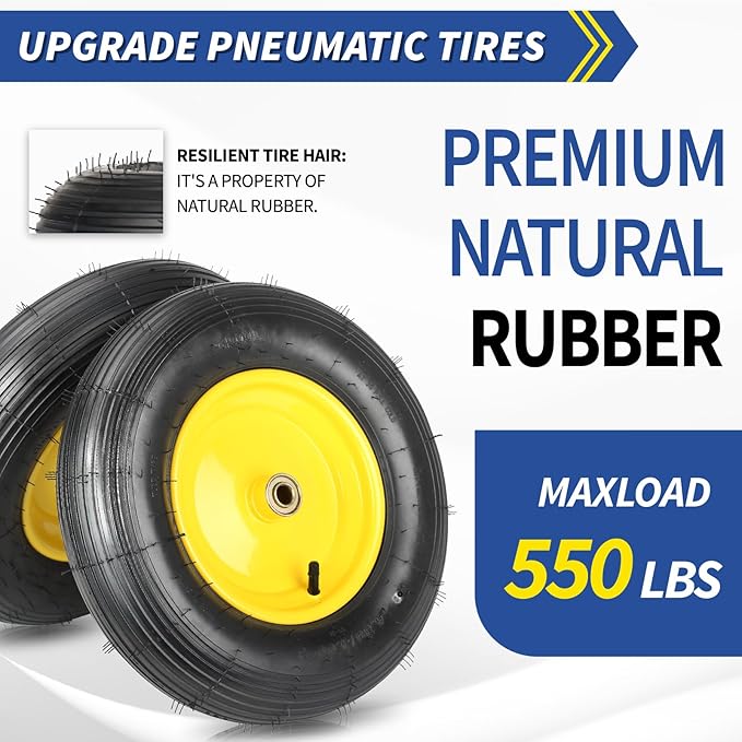(2 Pack)4.80/4.00-8 Wheelbarrow Tire and Wheel, 16" Rubber Pneumatic Wheel, 3" -6" Centered Hub, 5/8" & 3/4" Bearings, for Hand Truck, Trolley, Garden Cart, Wagons【Explorer Series】