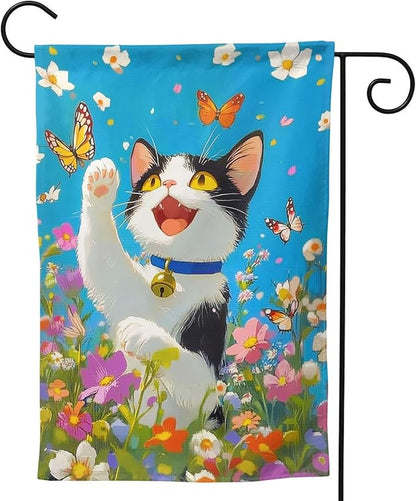 Cat Flower Garden Flag Vertical Double Sided Outdoor Yard Flags 12.5x18 Inch Burlap Banners for House Lawn