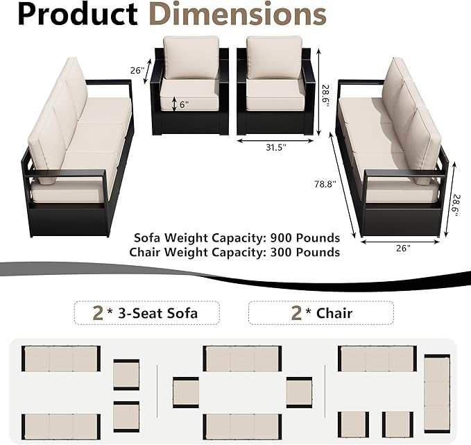 Outdoor Patio Furniture Set, 4-Piece Aluminum Patio Conversation Set All-Weather Metal Outdoor Sectional with 6 Inch Thick Cushions, Deep Setting for Garden, Outside and Porch