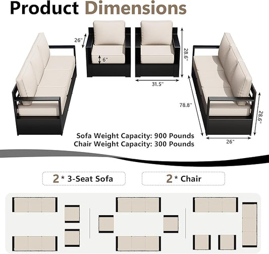 Outdoor Patio Furniture Set, 4-Piece Aluminum Patio Conversation Set All-Weather Metal Outdoor Sectional with 6 Inch Thick Cushions, Deep Setting for Garden, Outside and Porch
