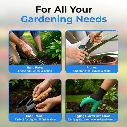 Scuddles 9-Piece Garden Tool Set – Heavy Duty Stainless Steel Gardening Tools with Non-Slip Rubber Grip Handles, Weed Puller Tool, Garden Gloves with Fingertip Claws, and Reinforced Storage Tote Bag