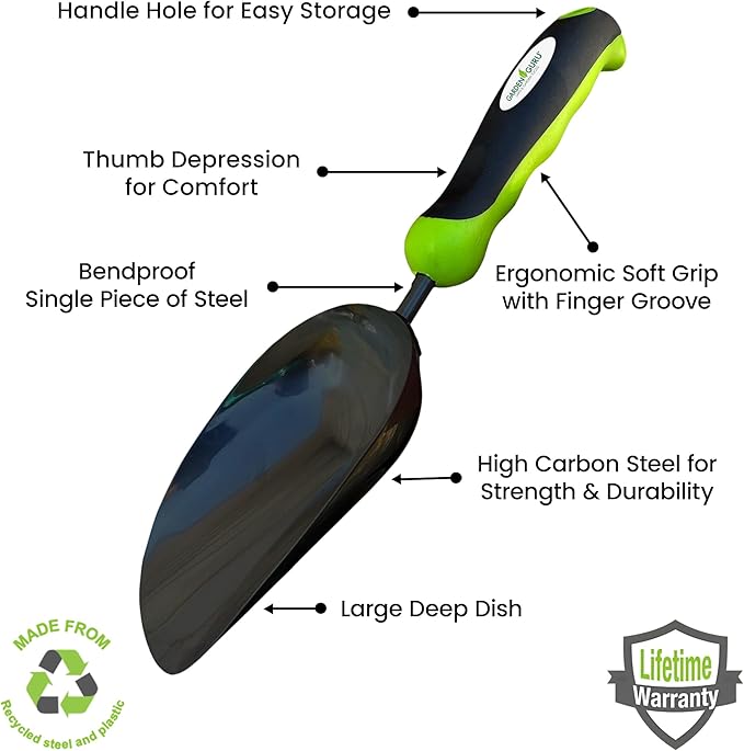 Garden Guru Super Strong Garden Scoop Trowel Shovel Transplanter – Strong Carbon Steel - Rust Resistant – Ergonomic Grip – Perfect Hand Shovel for Gardening Transplanting and Digging (2 Pack)