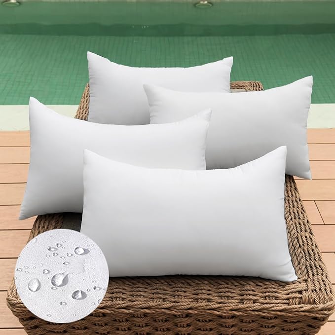 12 x 20 Outdoor Pillow Insert Pack of 4 Small Lumbar Throw Pillow Inserts Waterproof Patio Furniture Pillows Decorative Porch Couch Pillows Premium White Rectangle Sofa Cushion Sham Stuffer