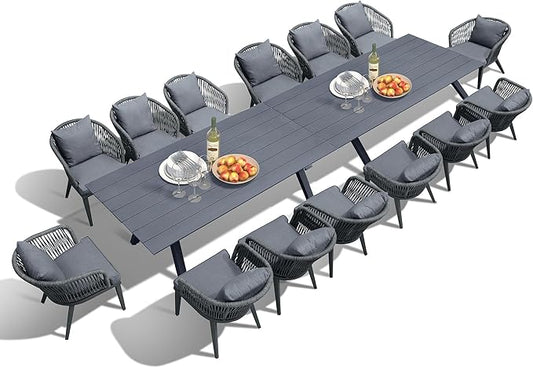 PURPLE LEAF 16 Pieces Patio Dining Set Wicker Outdoor Furniture Rectangular Table and Chairs Set for Garden Deck Aluminum Frame Backyard Kitchen Set, Cushions and Pillows Included Grey