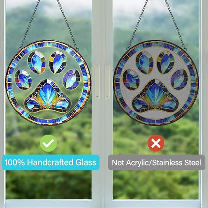Dog Cat Paw Print Suncatcher Stained Glass Window Hanging - Handmade Stained Glass Panel Suncatchers for Windows Hanging - Sun Catchers Indoor Window Decor Memorial Catcher Remembrance Birthday Gift