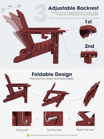 KINGYES Folding Adjustable Adirondack Chair with Ottoman & 2 Cup Holders Set of 2, HDEP Reclining Adirondack Chair with Footrest, Red