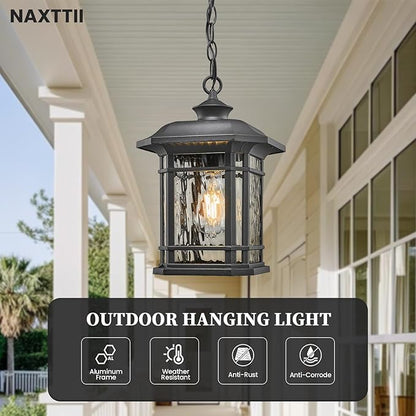 Outdoor Pendant Light Fixture Hanging Porch Light with Adjustable Chain Aluminum Frame with Tempered Water Ripple Glass Hanging Lantern for Front Door Porch Garden and Backyard