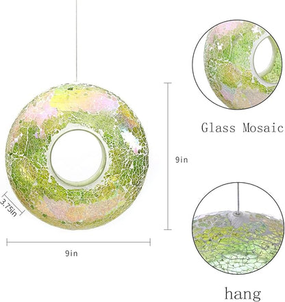 DUSVALLY 9" H Round Fly Through Bird Feeder for Wild Bird Seeds, Crackled Glass Mosaic Outdoor Hanging Feeder for Decorative in Outdoor Garden & Yard, Attracting Wild Birds, Green