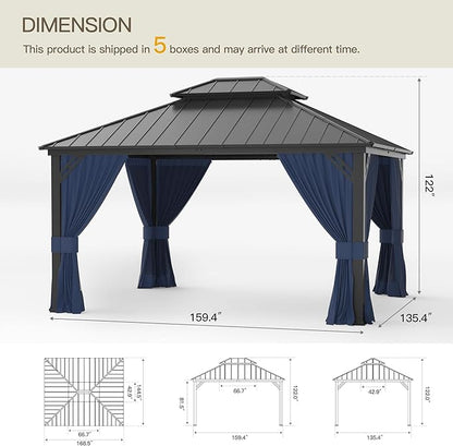 12'x14' Hardtop Gazebo,Double Roof, Outdoor Galvanized Steel Metal Gazebo with Curtains and Netting for Patios, Gardens, Lawns,NavyBlue