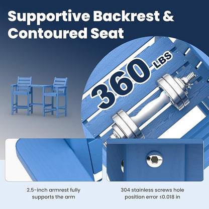 Tall Adirondack Chairs Set of 2, All Weather HDPE Poly Bar Height Balcony Adirondack Chair with Removable Double Connecting Trays, Outdoor Adirondack Barstools for Deck, Patio, Yard, Pool, Lawn