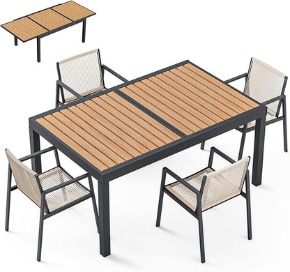 ZANDOR Expandable Outdoor Dining Set for 4-6-8,Patio Table and Chairs Set with Wood Top for Garden,Backyard,Porch,55"-82.7" Extendable Aluminum Outdoor Table Set with 4 Chairs,Grey