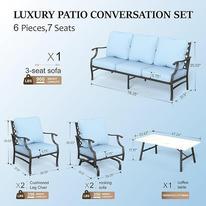 HERA'S HOUSE 6 Piece Patio Furniture Set, 2 x Rocking Chair, 2 x Fixed Chair, 1 x 3-Seat Sofa with Marbling Coffee Table, All Weather Outdoor Conversation Set for Lawn Garden Backyard, Blue