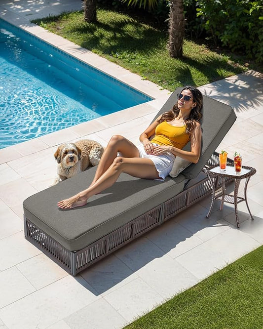 Luxury Outdoor Chaise Lounge Chairs of 4 with 5 Inch Thick Cushions and Side Table - 6 PCS High Back Brown Wicker Rattan Patio Recliners Lounger Furniture Set for Poolside Sunbathing - Grey