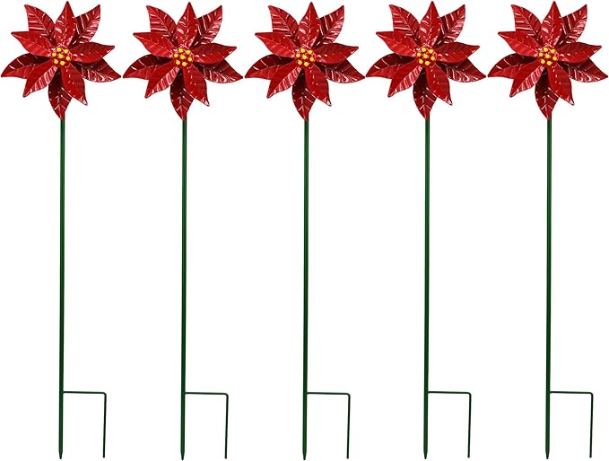 Metal Flower Wind Spinner Garden Lawn Stakes Yard Art, 27 Inch Poinsettia Windmill Iron Handicraft Lawn Decorations, 5 Pieces Christmas Star Stake Outside Garden Decorations for Metal Yard Art