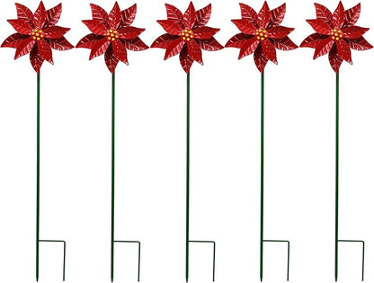 Metal Flower Wind Spinner Garden Lawn Stakes Yard Art, 27 Inch Poinsettia Windmill Iron Handicraft Lawn Decorations, 5 Pieces Christmas Star Stake Outside Garden Decorations for Metal Yard Art