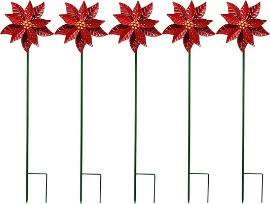 Metal Flower Wind Spinner Garden Lawn Stakes Yard Art, 27 Inch Poinsettia Windmill Iron Handicraft Lawn Decorations, 5 Pieces Christmas Star Stake Outside Garden Decorations for Metal Yard Art
