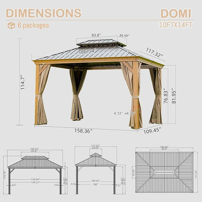 Domi 10' X 14' Hardtop Gazebo Outdoor Metal Gazebo Canopy with Galvanized Steel Double Roof, Wood Grain Aluminum Frame, Curtains and Netting for Patio, Deck, Garden