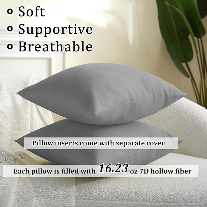 18" x 18" Throw Pillows, Outdoor Waterproof Pillows with Inserts, Square Decorative Pillows for Patio Furniture Garden Couch Sofa Home(Light Gray, Set of 4)