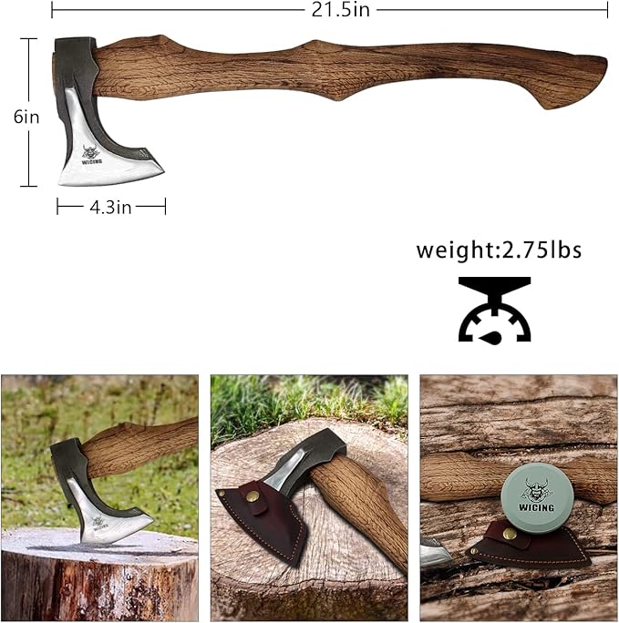 Splitting Axe, 21.5-inch Chopping Axe with Leather Sheath, Camping Hatchet 1055 High Carbon Steel and Beech Wooden Handle